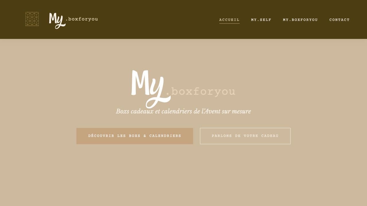 Aperçu du site MyBoxForYou, avec son identité beige et dorée et sa présentation des boxs cadeaux.
